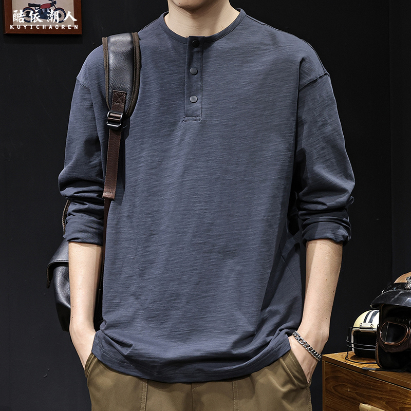 竹节纯棉秋季2025新款长袖t恤男士美式复古重磅大码亨利领内搭潮