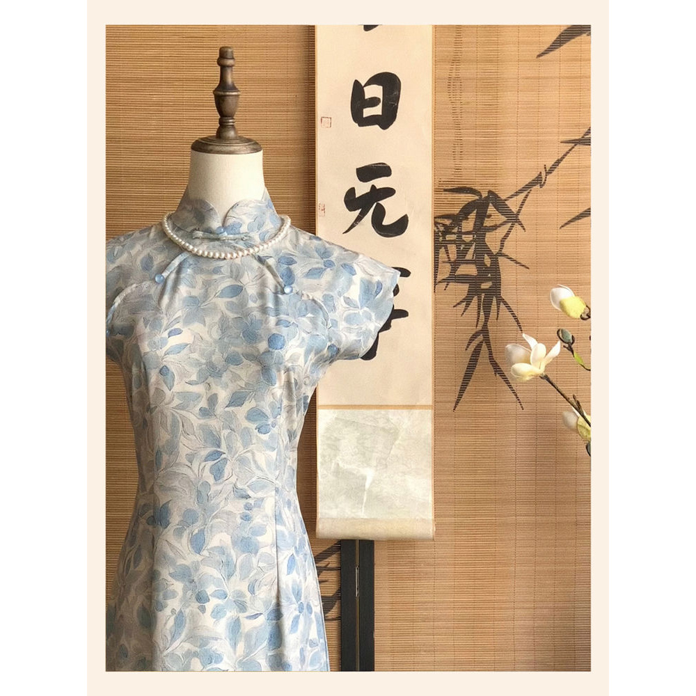 新中式复古高品质蓝色改良旗袍日常气质修身短袖温柔民国风连衣裙