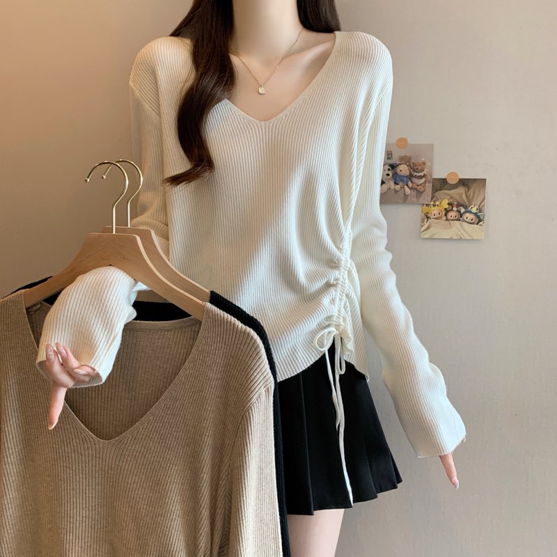大码抽绳针织打底衫上衣女秋冬胖mm遮肚正肩内搭小衫毛衣长袖温柔