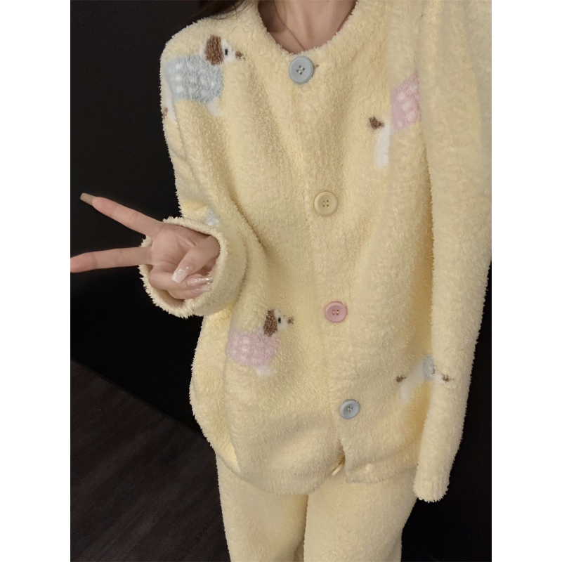 软萌奶黄卡通腊肠小狗半边绒睡衣女秋冬可爱保暖家居服套装可外穿