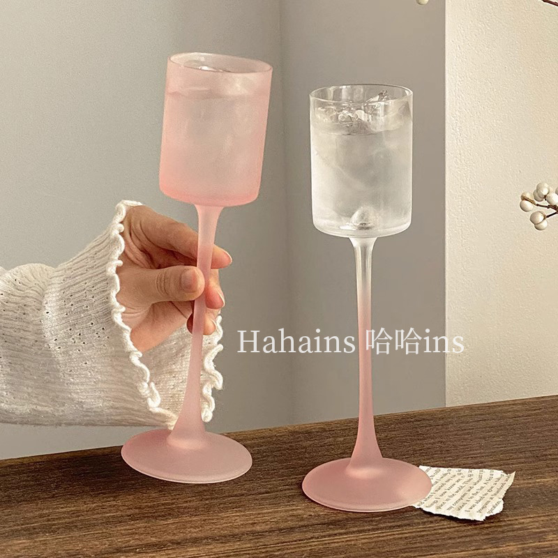 高颜值微醺法式磨砂粉直筒高脚玻璃杯家用香槟杯甜酒杯鸡尾酒杯子