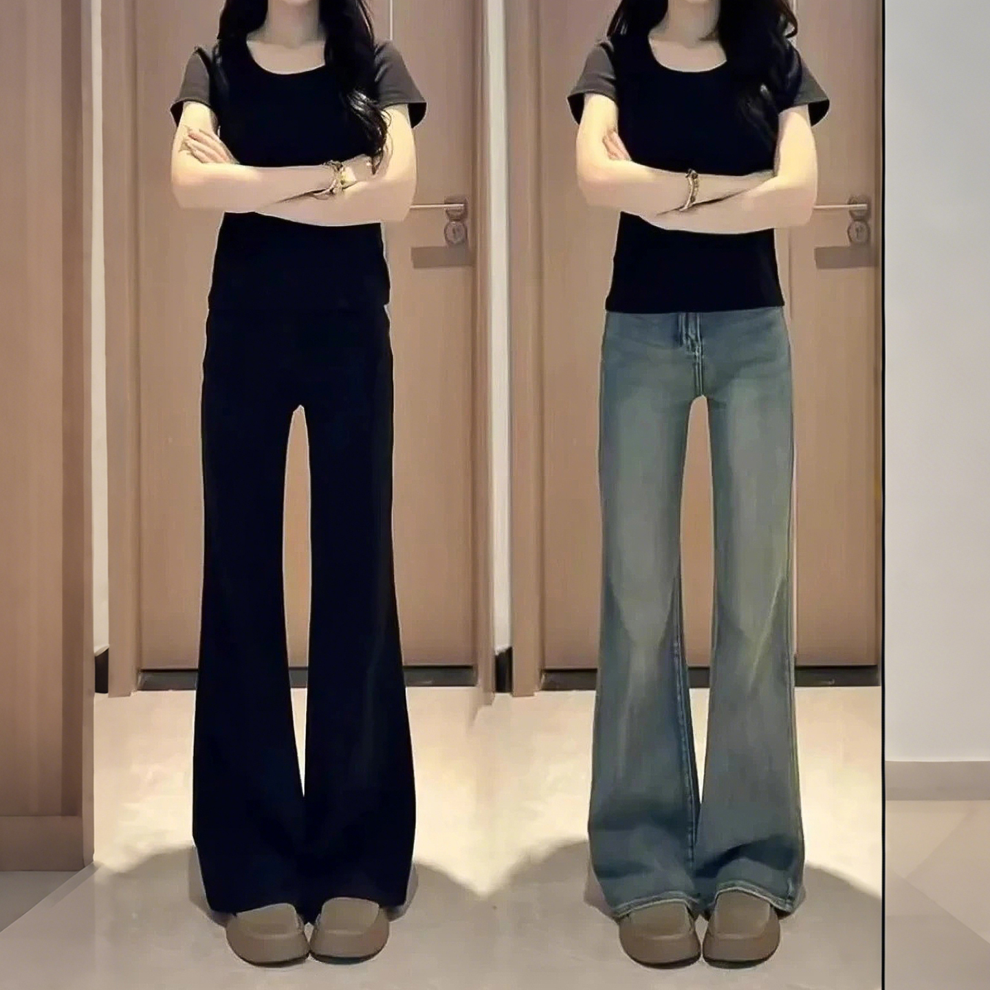 复古怀旧高腰微喇牛仔裤女冬季加绒大码弹力喇叭马蹄裤子