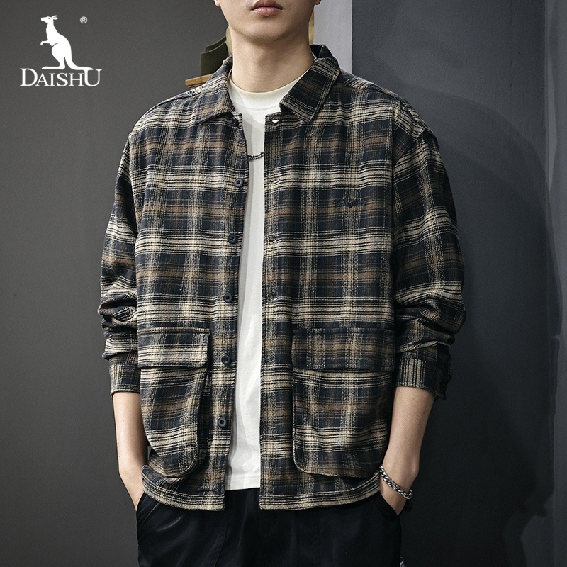 Dai Shu/袋鼠新款美式格子长袖衬衫男2025秋季宽松休闲纯棉外套
