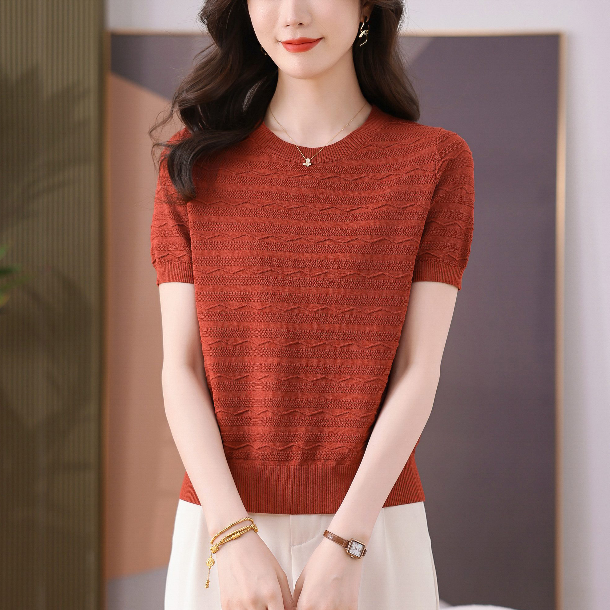 天丝气质针织圆领短袖女士纯色时尚T恤显瘦套头半袖宽松夏季女装