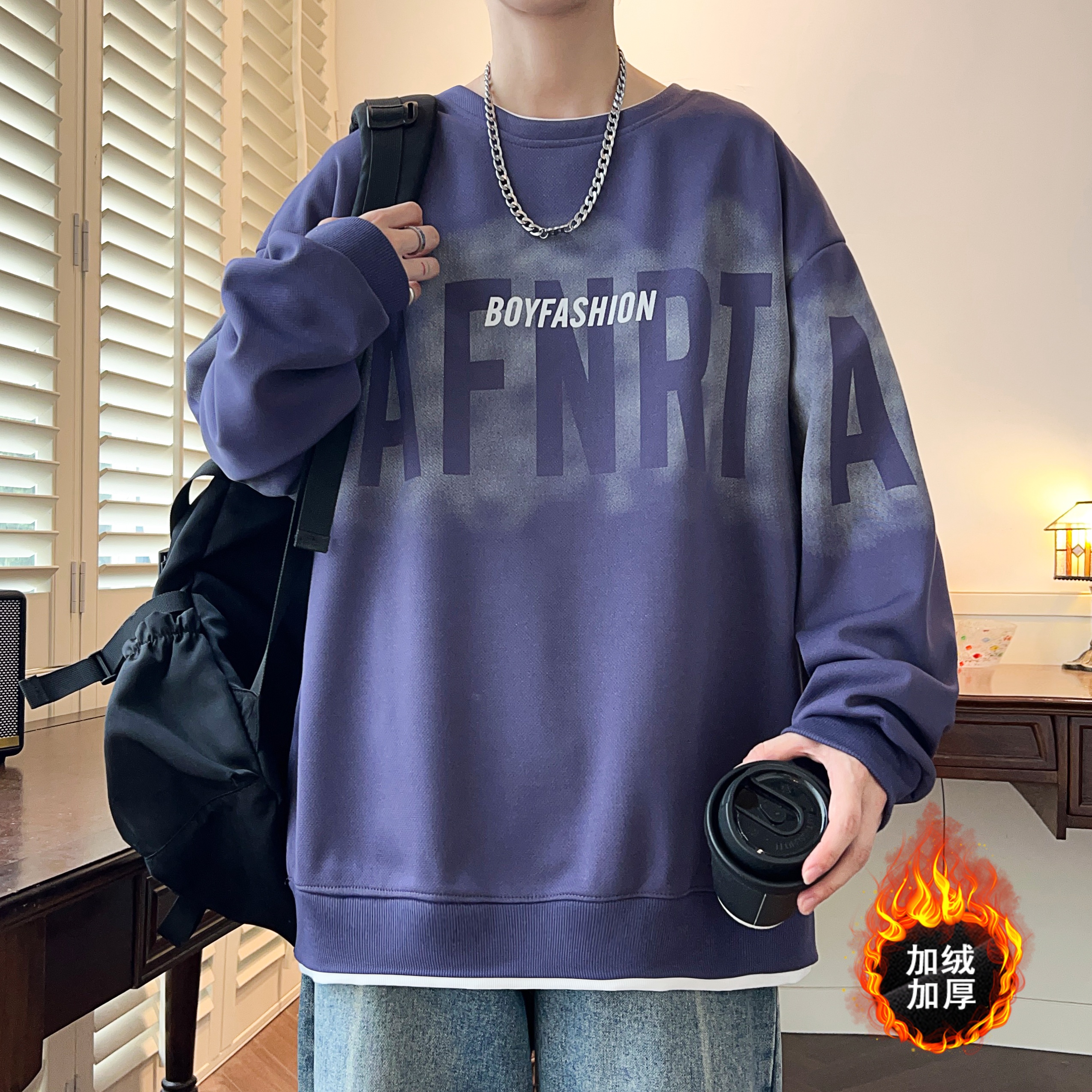 大码男装100-280斤卫衣2025年秋冬新款假两件圆领宽松潮牌长袖T恤