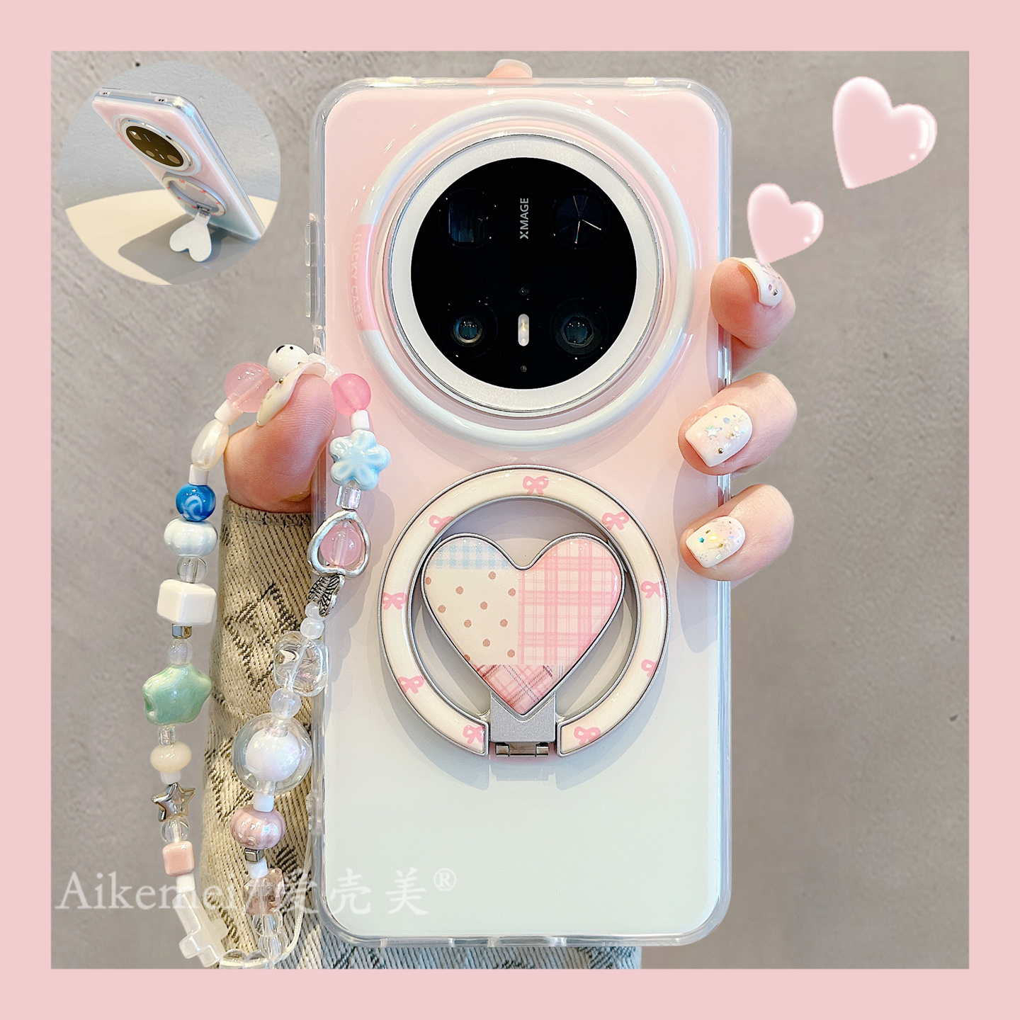 适用华为mate70pro+手机壳波点格纹Mate60pro+蝴蝶结爱心磁吸支架