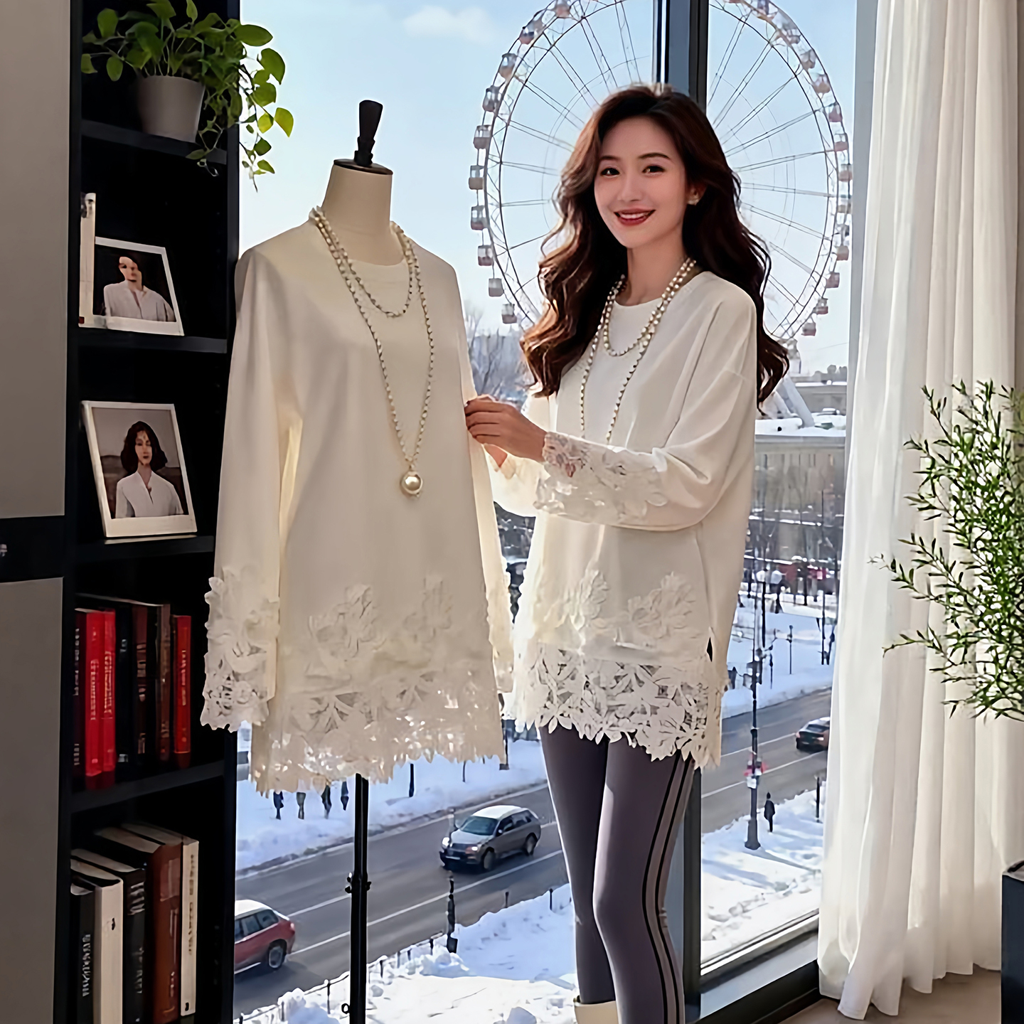 欧货白色蕾丝拼接长袖T恤女2026新款秋冬宽松中长款打底衫上衣潮