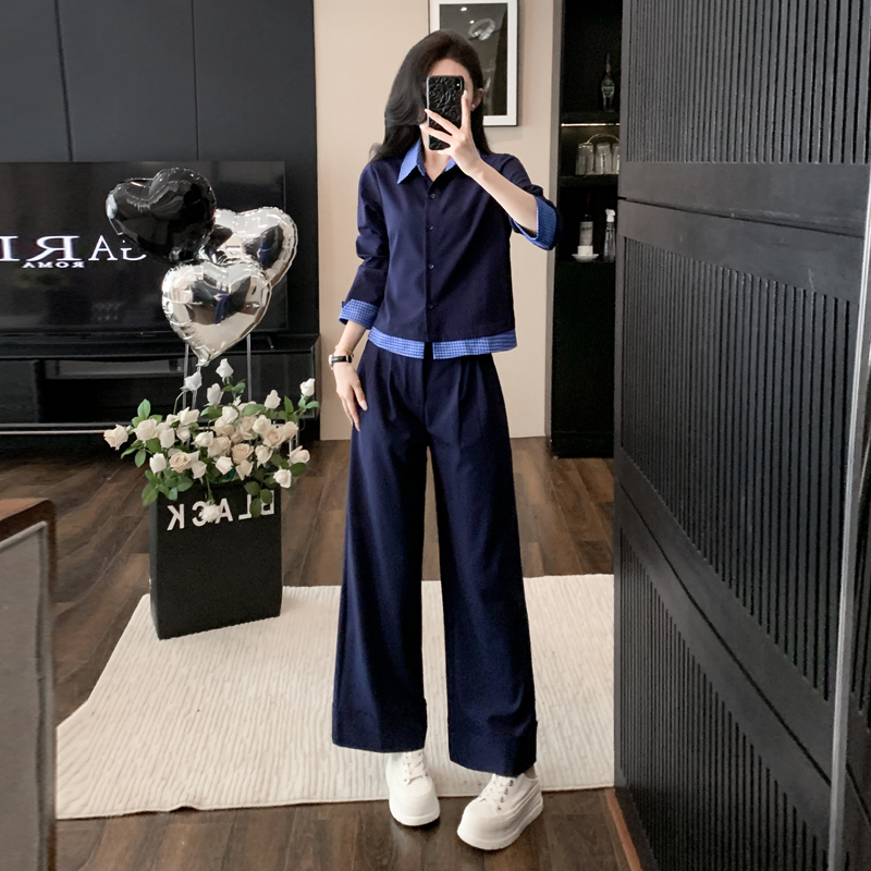 2025入秋穿搭新款休闲时尚套装女高级感撞色上衣高腰阔腿裤两件套