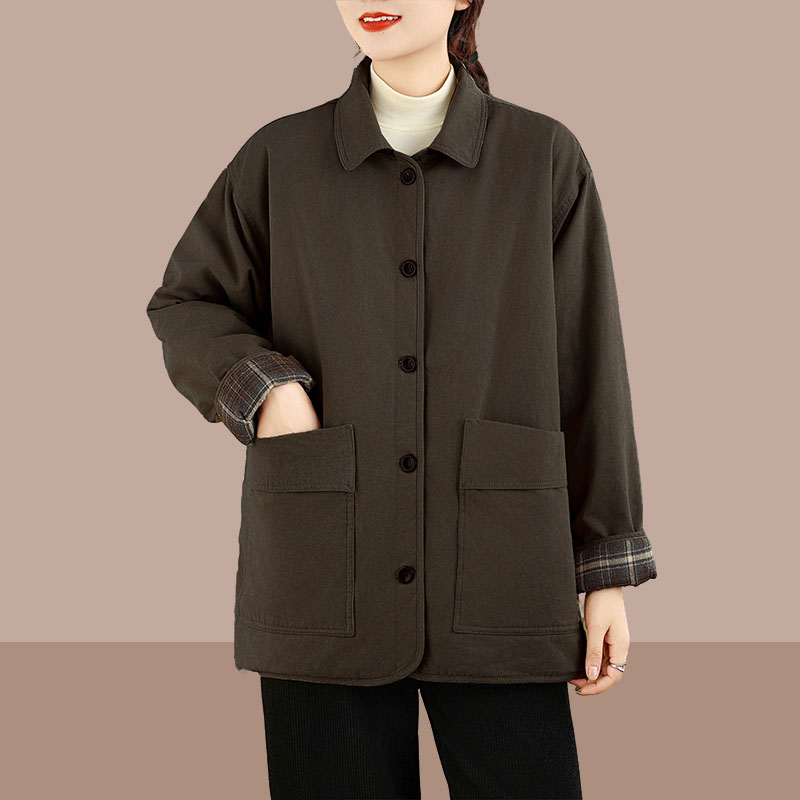 2025秋冬时尚新款女韩版宽松时尚文艺复古翻领棉衣外套保暖上衣