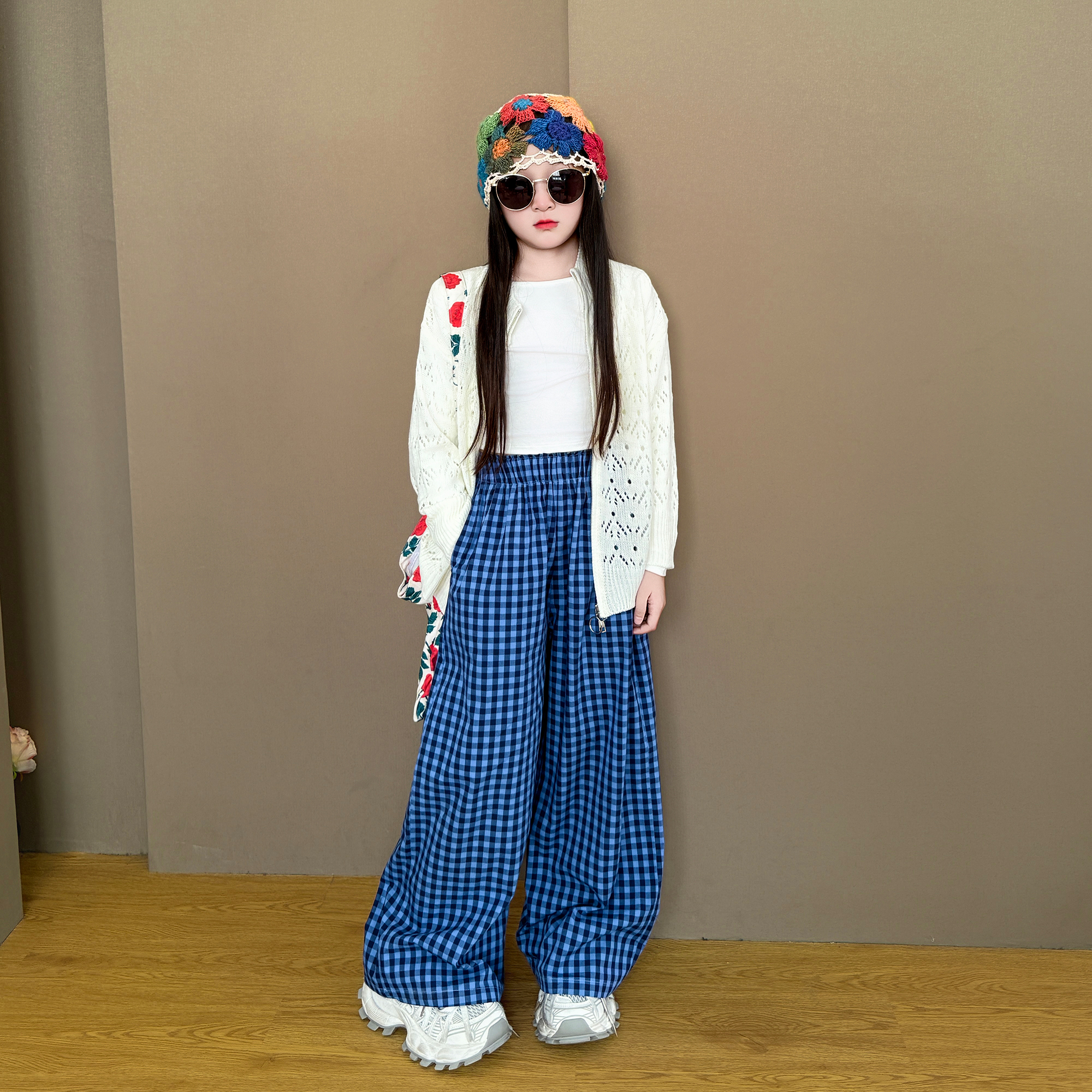 女童2025新款中大童韩系穿搭休闲蕾丝外套宽松内搭阔腿格子裤套装