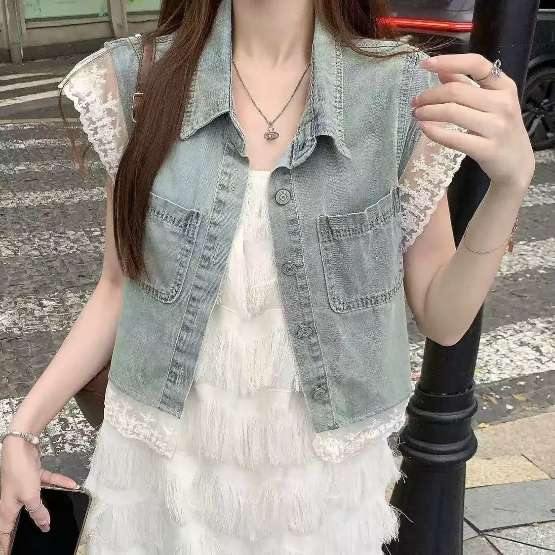 简约蕾丝边拼接休闲牛仔短袖衬衣女气质飞袖背心显瘦衬衣女8-51#