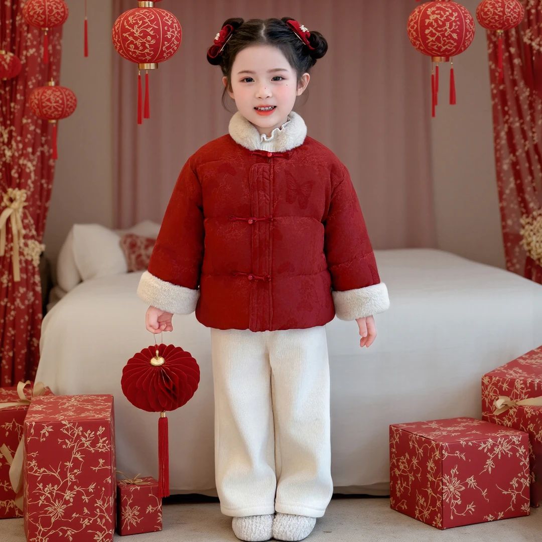 女童拜年服外套加绒加厚冬季2026新款儿童过年喜庆女宝宝红色棉衣