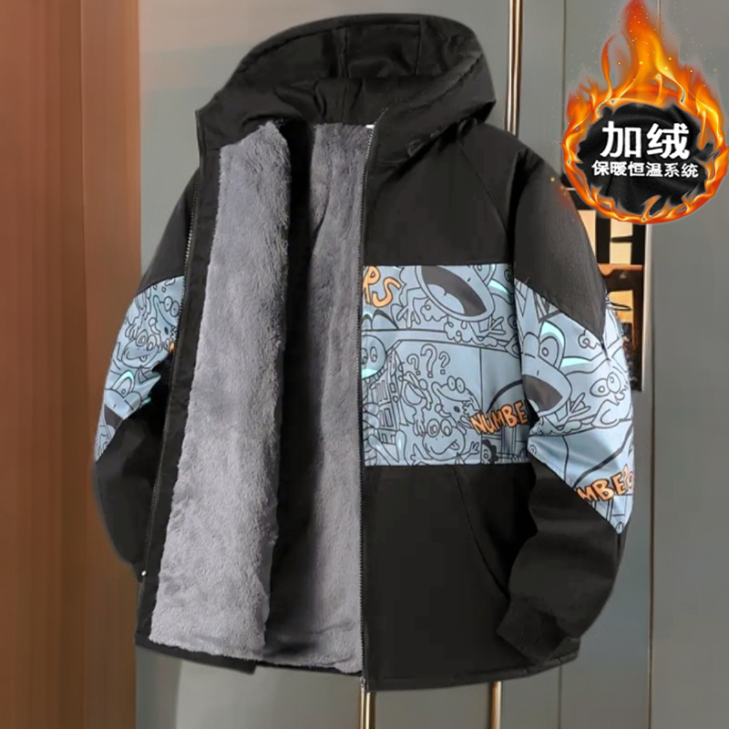 胖男童冬装连帽加绒外套2025新款洋气中大童男孩加厚棉衣加肥加大