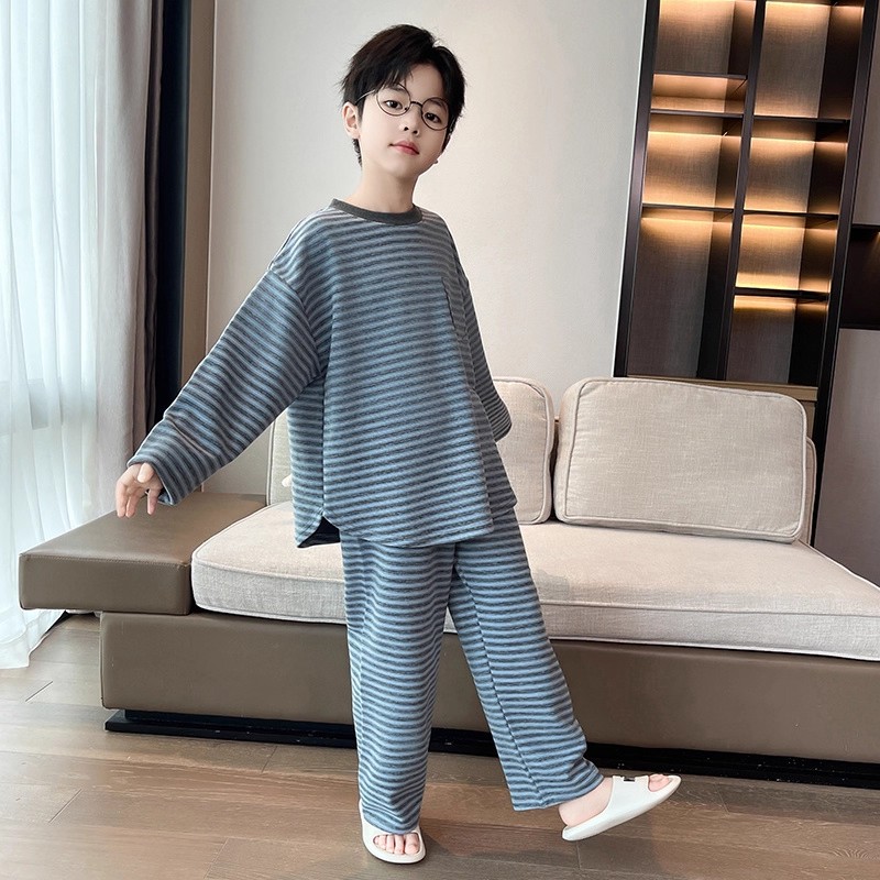 男童条纹睡衣套装秋冬款2025新款儿童冬季家居服韩版宽松男孩保暖