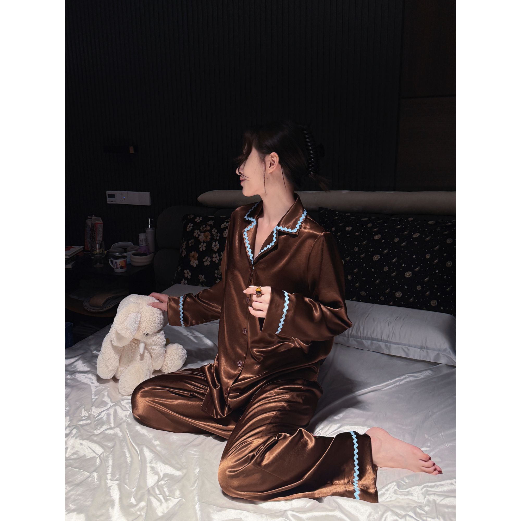 doubleoo珍珠缎光蓝彩带仿醋酸高级家居服对襟显瘦气质感棕色睡衣