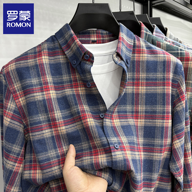 罗蒙品牌秋季新款磨毛格纹纯棉衬衫上衣复古百搭长袖格子衬衣男装