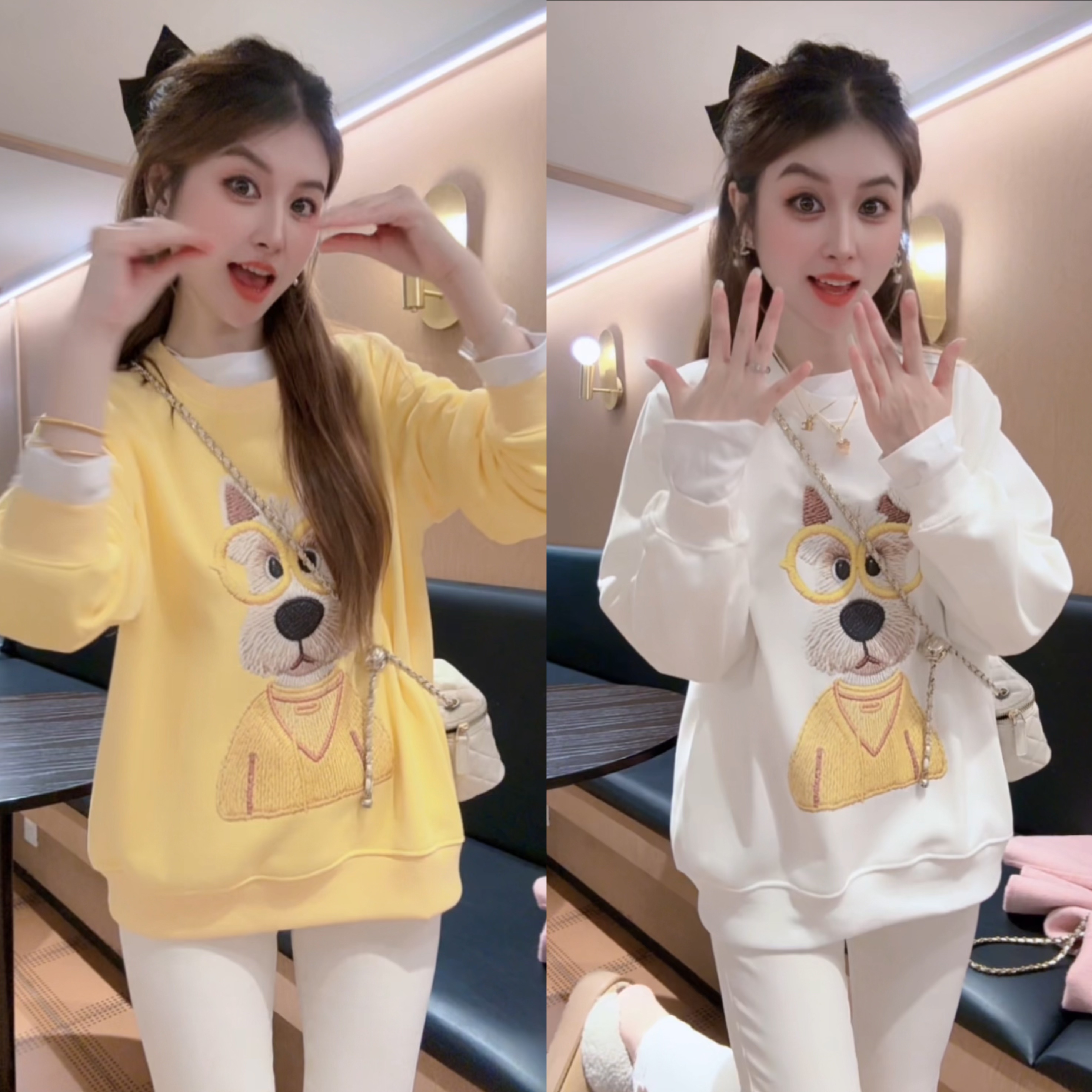 眼镜小狗圆领正肩卫衣女2025秋冬款宽松大码胖MM加绒加厚长袖上衣