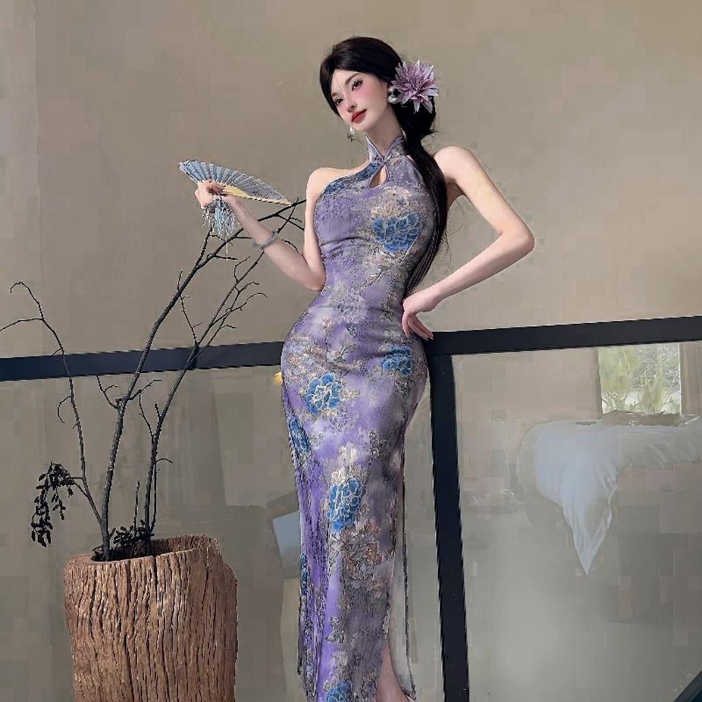 【暮山紫】印花烫金紫色修身性感水滴领气质挂脖挖肩改良新中式旗袍