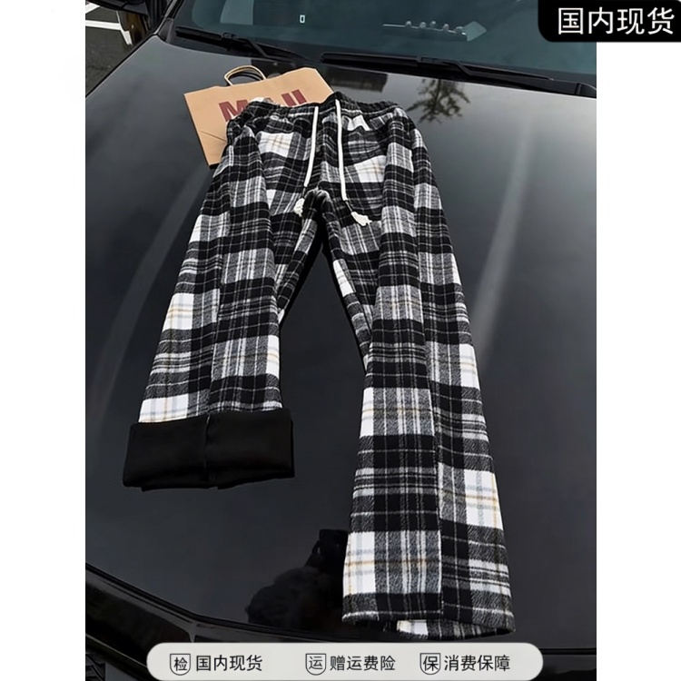 黑白格子加绒毛呢休闲裤男冬季慵懒风垂坠感保暖弯刀裤宽松直筒裤