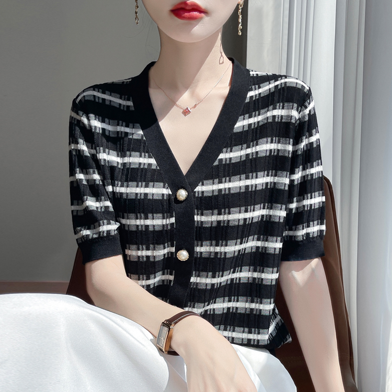 【源头工厂】撞色条纹v领针织开衫女装夏季2025新款v领小香风短袖