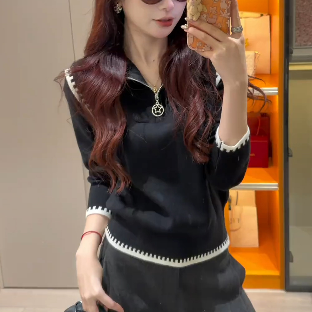 撞色半拉链高领毛衣外套女秋冬新款韩系休闲慵懒风百搭显瘦针织衫