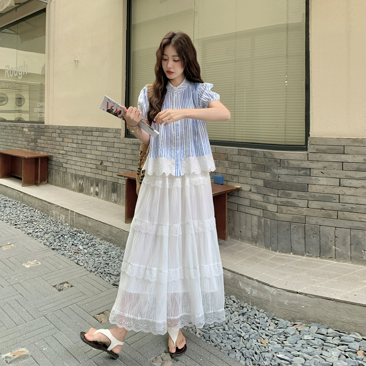 巨好看小清新蓝色条纹衬衫套装裙女夏日穿搭蕾丝半身裙两件套