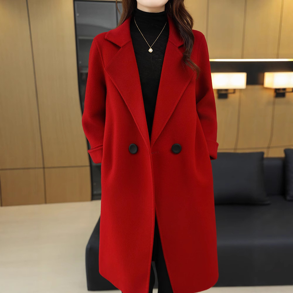 秋冬新款翻领双面呢羊毛大衣女中长款毛呢外套时髦洋气两粒扣开衫