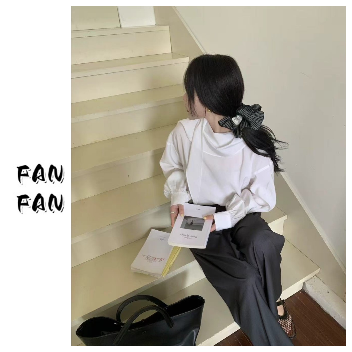 FANFAN 【飘带领灯笼袖】纯色简约衬衫