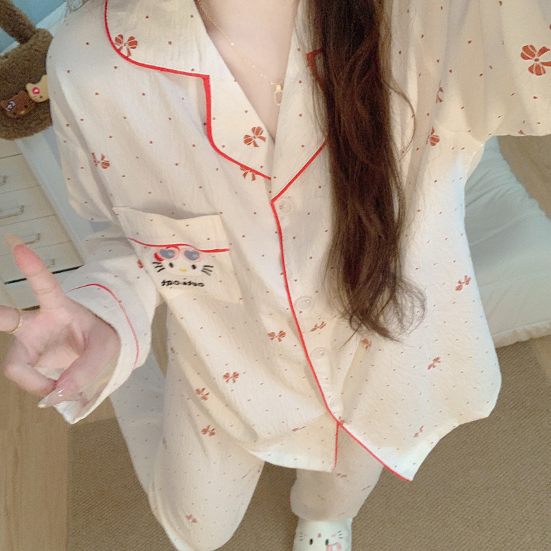 ins格子长袖亲肤棉纱睡衣女2025新款春秋季可爱kitty家居服套装夏