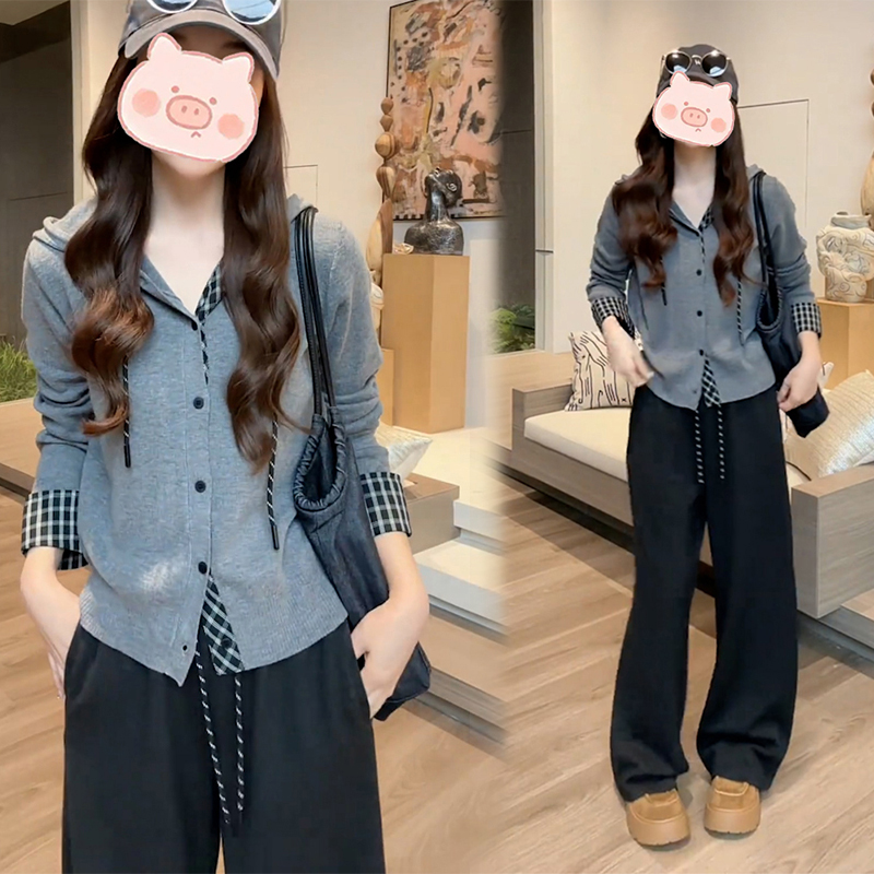 2025秋冬新款时尚气质连帽长袖针织开衫女休闲百搭简约韩版套装女