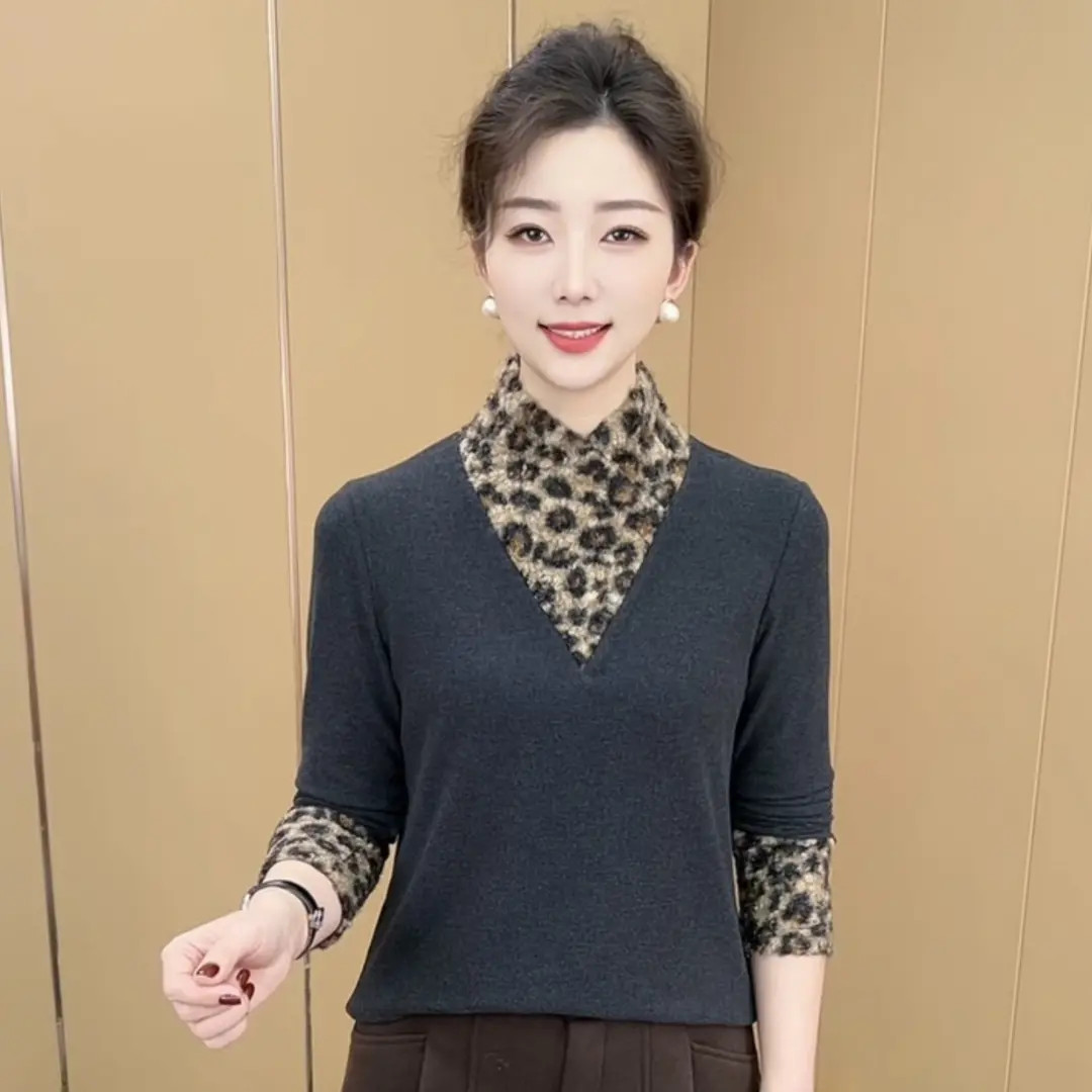 冬款新款时尚豹纹拼接设计双面绒假两件休闲百搭洋气t恤上衣K1212