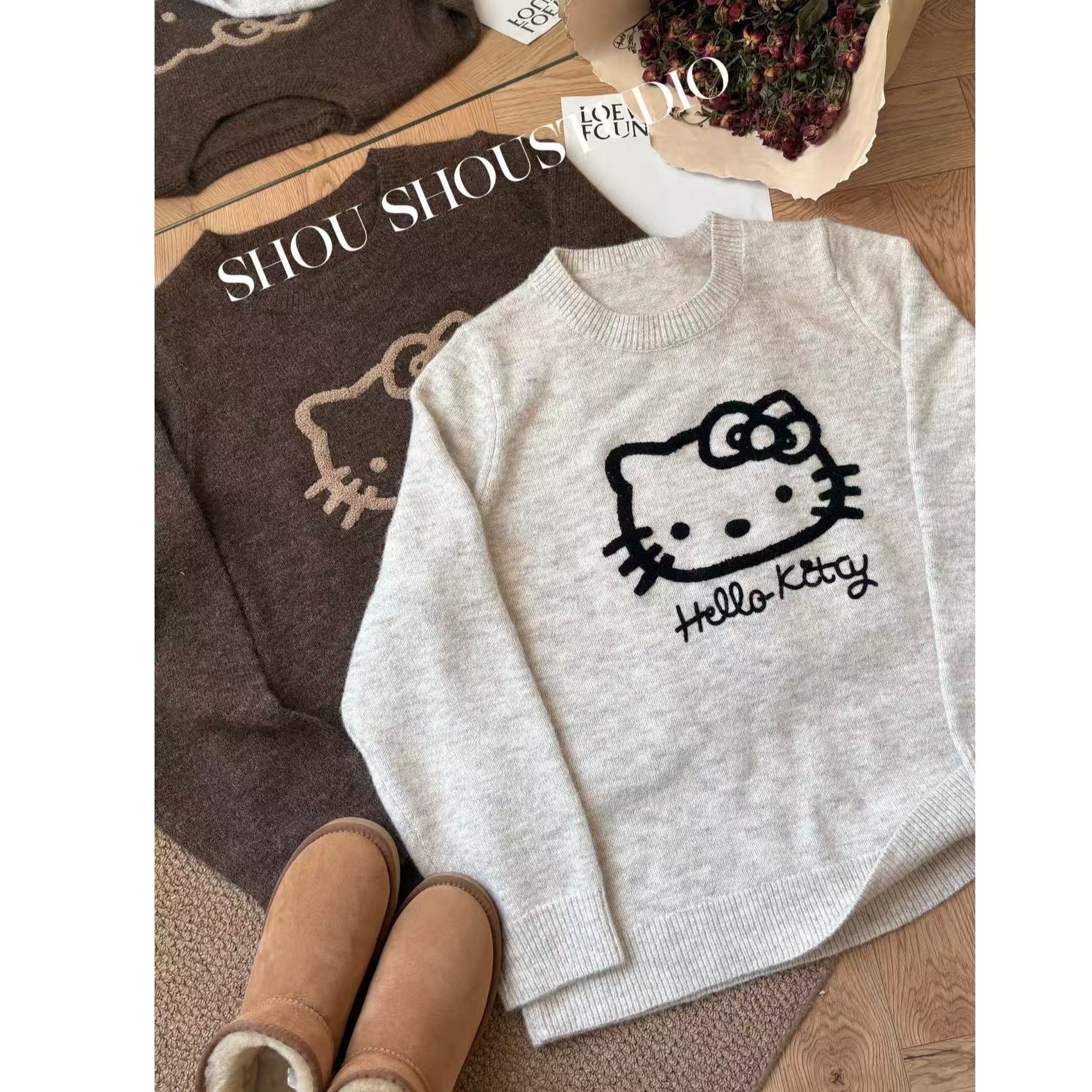 【瘦瘦】韩系KT-大码圆领羊毛植绒绣花正肩宽松百搭套头毛衣S02349