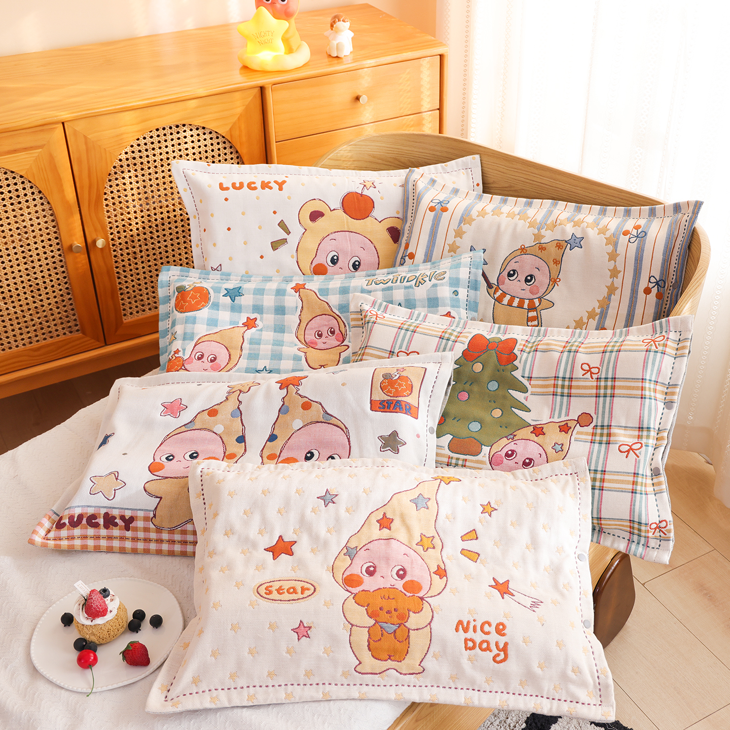 纯棉纱布卡通儿童枕套一对装全棉全包宝宝家用加厚柔软枕芯内胆套