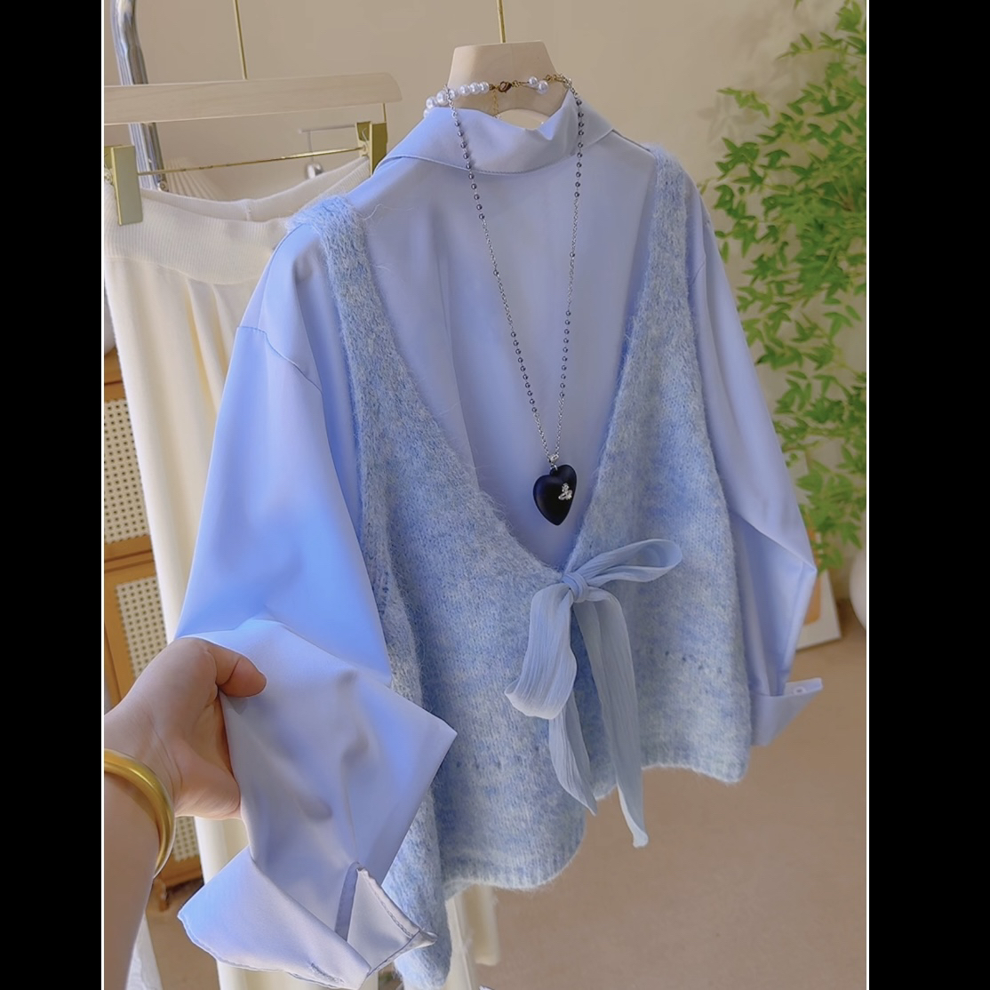 Sz228两面穿蝴蝶结绑带毛衣马甲背心女设计感宽松叠穿针织上衣