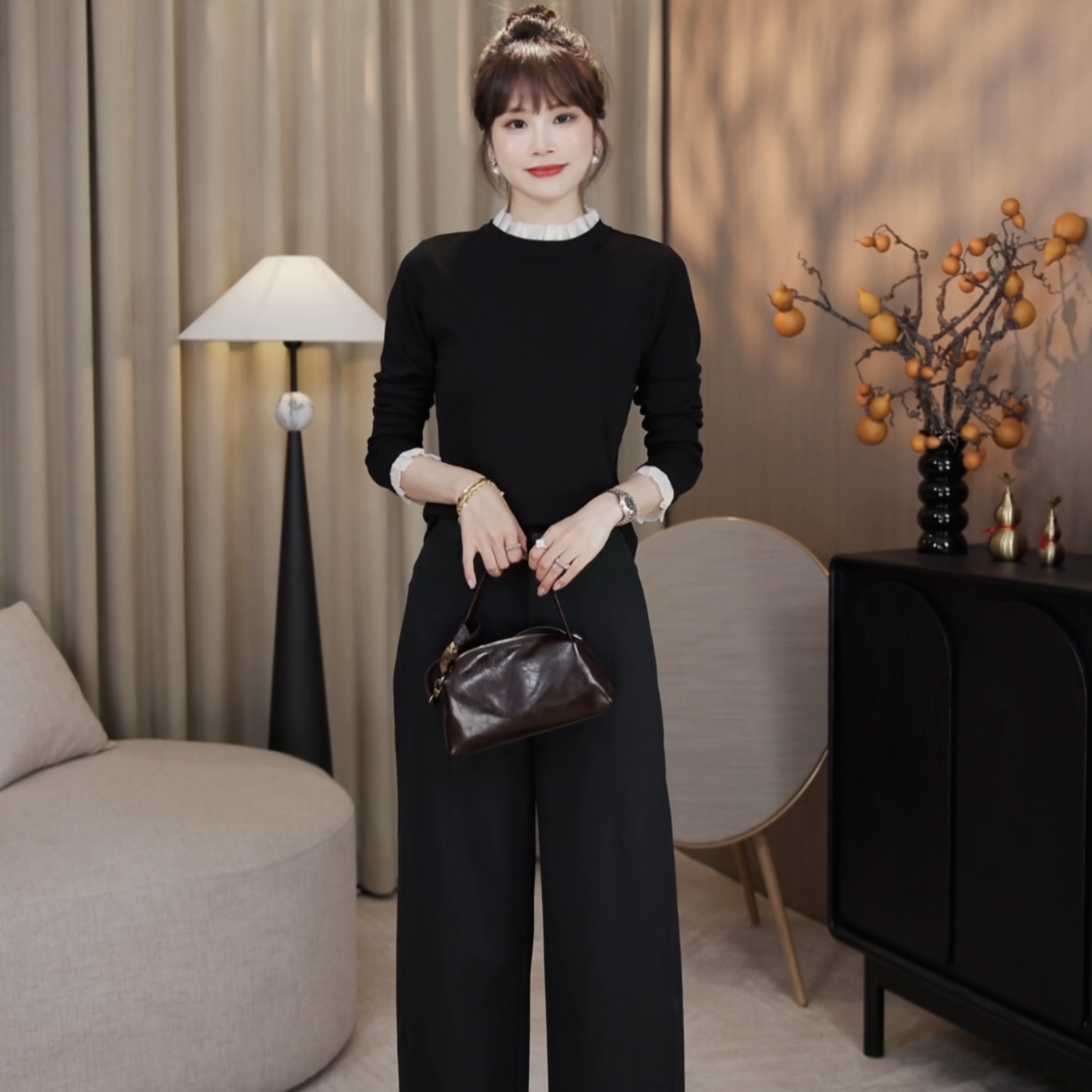 LMENY“花边打底” Wan能搭木耳边立领拼接显瘦打底T恤25CT018