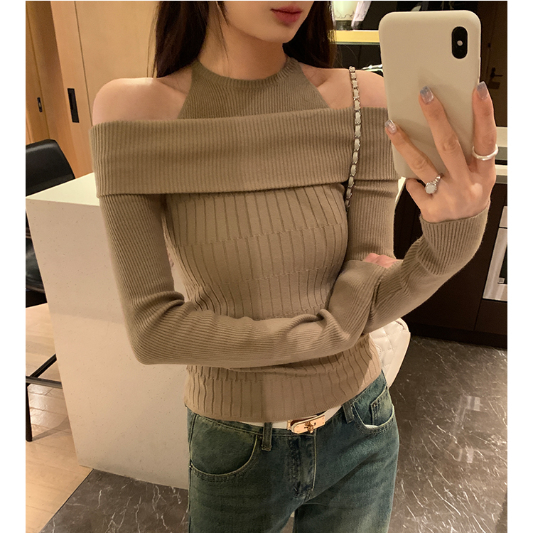 假两件半高领毛衣性感镂空露肩针织衫女秋冬设计感打底衫内搭上衣