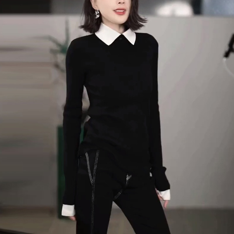 韩系高级感休闲减龄小上衣女2025秋季新款修身显瘦翻领洋气针织衫