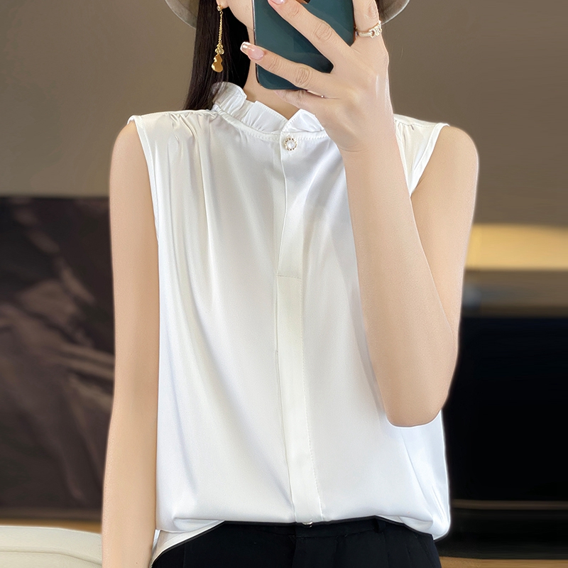 丝滑缎面打底背心女夏季气质木耳边t恤立领法式无袖上衣内搭衬衫