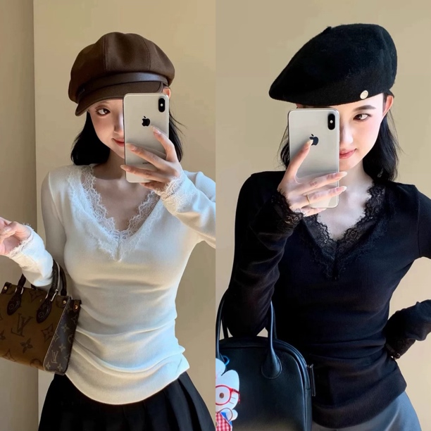 【双面德绒 蕾丝版】纯欲修身长袖V领加绒弹力蕾丝花边磨毛打底秋冬