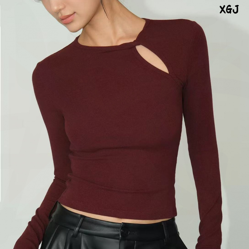 NEVA HU镂空设计感修身打底衫女春秋针织衫气质修身长袖T恤上衣