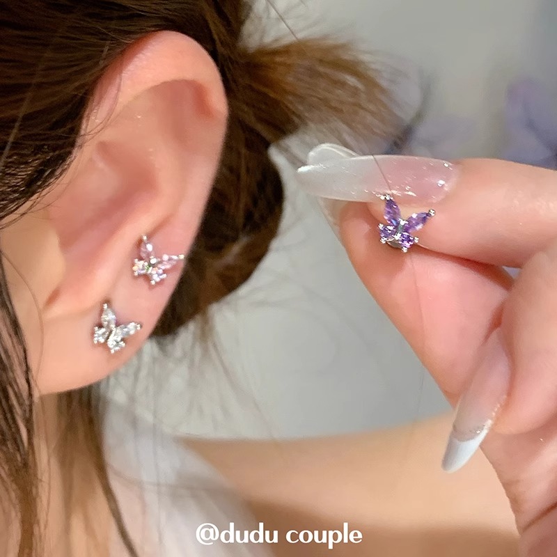 合金耳饰 闪锆蝴蝶钛合金耳钉养耳洞1.2粗内螺旋免摘耳蜗耳骨钉女