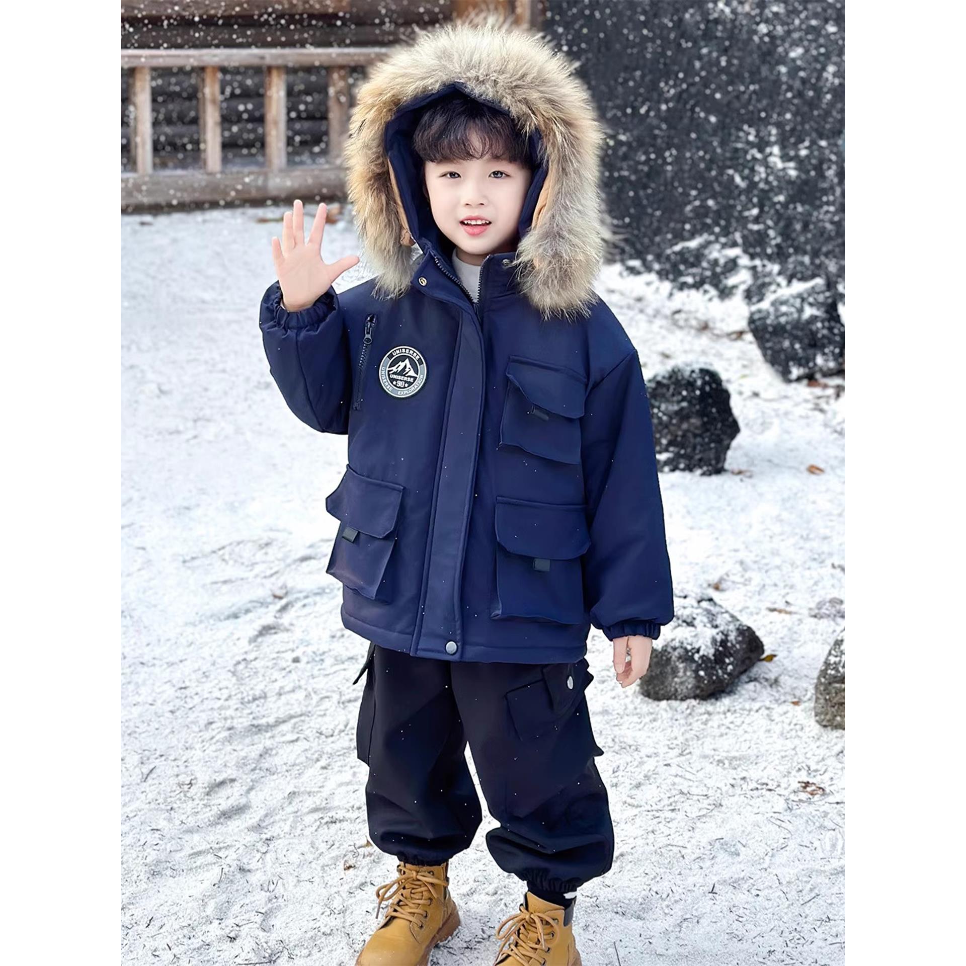 男童冬装外套2025新款儿童加厚时髦冬季毛领上衣男宝宝痞帅派克服