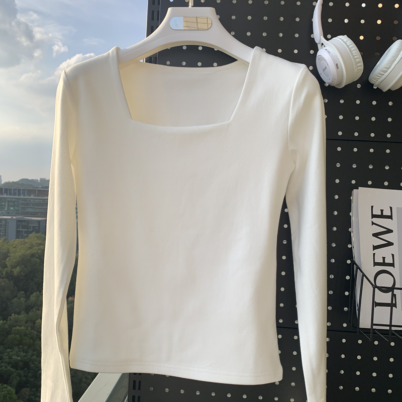 白色方领打底衫长袖t恤女内搭2025早秋冬新款紧身露锁骨洋气上衣