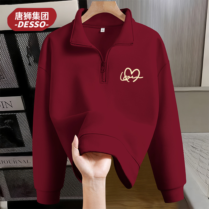 唐狮集团DESSO套头polo领半拉链卫衣女2025冬加绒加厚保暖短外套