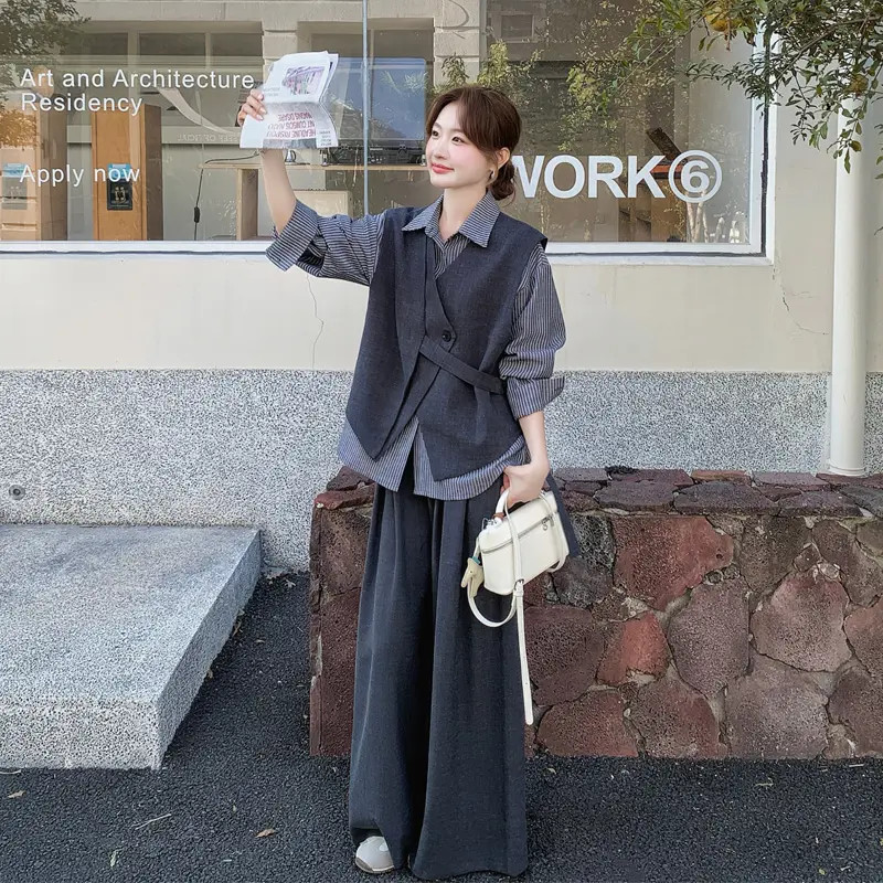 韩系设计感不规则马甲条纹衬衫长裤2025春秋新款松弛感ins三件套