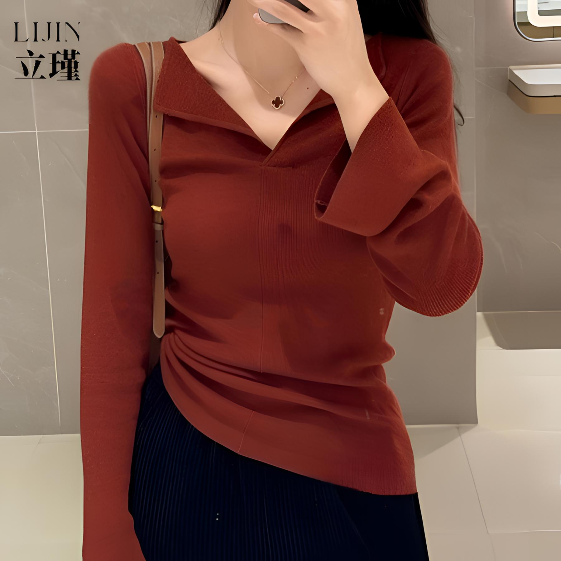 早秋韩系chic红色V领修身长袖上衣感针织毛衣打底衫内搭T恤女