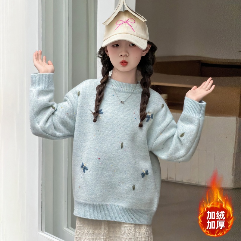 女童毛衣加绒加厚2025新款儿童秋冬装针织打底衫女孩冬季套头上衣