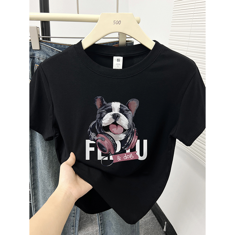 狗狗印花黑色正肩短袖t恤女2026新款微胖大码遮肚子洋气圆领上衣