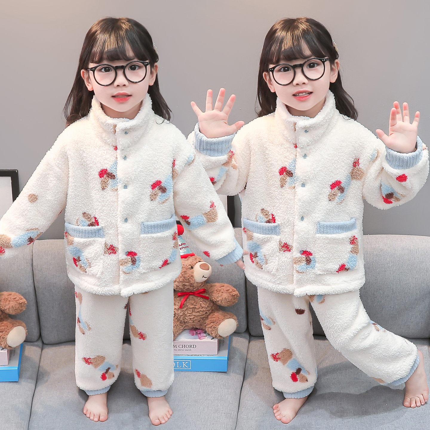 儿童睡衣秋冬季雪芙绒女童睡衣珊瑚绒加厚女宝家居服小狗立领套装