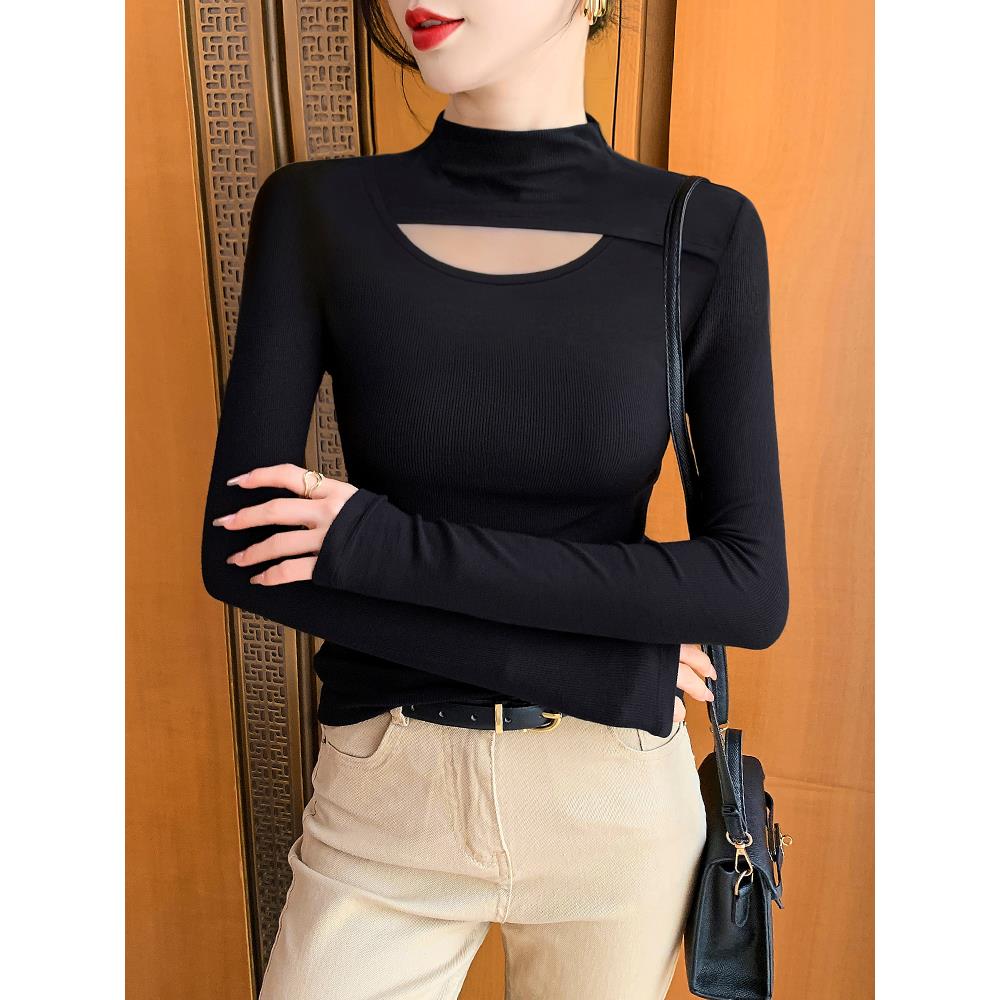 黑色半高领长袖打底衫女新款内搭秋冬设计感镂空紧身螺纹针织上衣